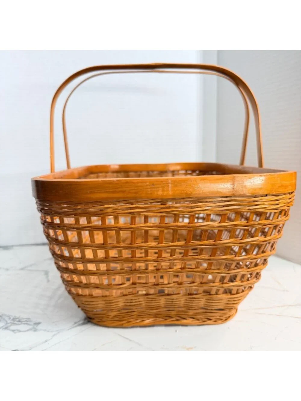 Vintage Wicker Picnic Basket Woven Gathering Market Basket Dual Handles Boho